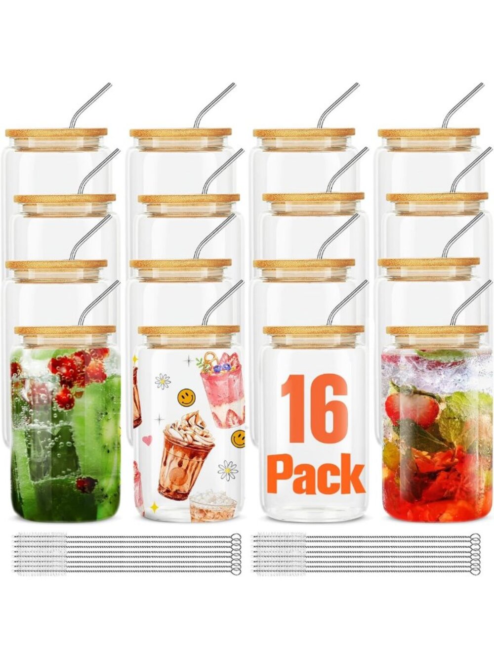 16Pcs Reusable Glass Cups Set with Bamboo Lids & Straws - Perfect for Coffee